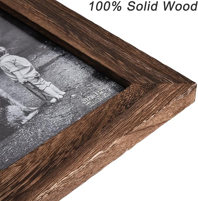 Yaetm-4x6 Picture Frame Set of 2, Natural Solid Wood Distressed Photo Frame, Display On Tabletop And Wall, High Definition Real Glass, Carbonized Black (2 pack)-Ruum Studio Home