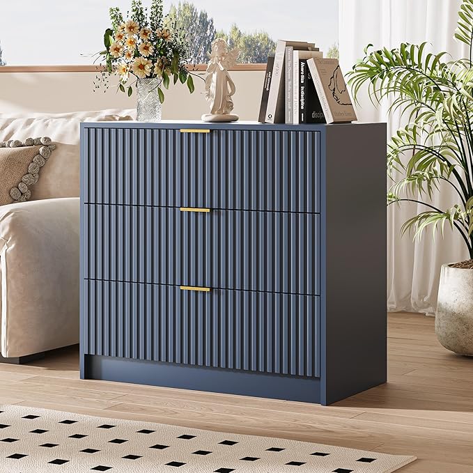 Fluted Dresser for Bedroom, 32 Inch Wide Nightstand with Large Drawer, 3 Drawer End Table for Bedroom, Living Rooms, Offices, and Entryways, Navy Blue-Ruum Studio Home