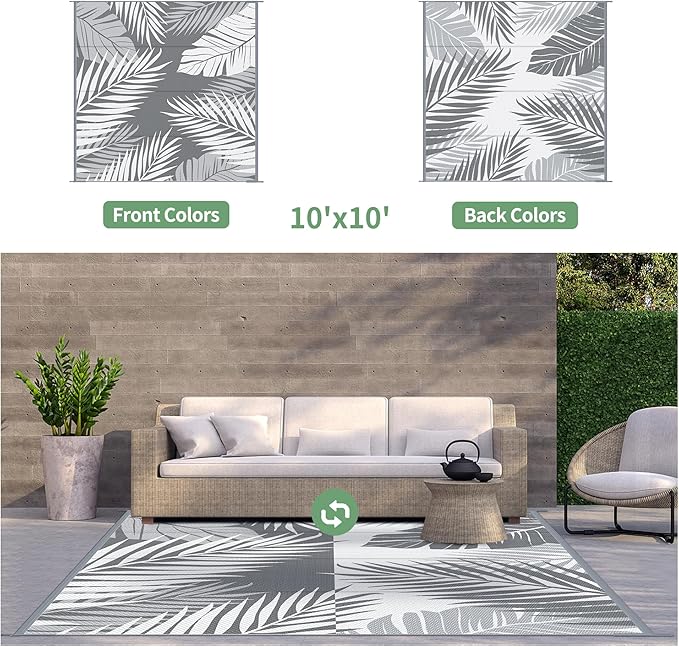 GENIMO Outdoor Rug 10' x 10' Waterproof for Patios Clearance, Reversible Outdoor Plastic Straw Camping Rug Carpet, Large Area Rugs Mats for RV, Camper, Deck, Balcony, Porch, Beach, Picnic, Grey&White-Ruum Studio Home