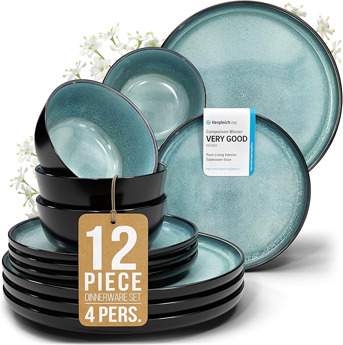 12 Piece Dinnerware Sets for 4 - Modern Style Stoneware Dinnerware Set - Scratch Resistant, Dishwasher Safe Plates and Bowls Sets Ceramic, Dish Set, Bowl and Plate Set - Black and Petrol Blue…-Ruum Studio Home