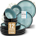 12 Piece Dinnerware Sets for 4 - Modern Style Stoneware Dinnerware Set - Scratch Resistant, Dishwasher Safe Plates and Bowls Sets Ceramic, Dish Set, Bowl and Plate Set - Black and Petrol Blue…-Ruum Studio Home