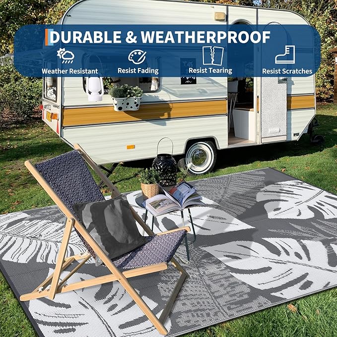 GAOMON Waterproof Outdoor Rug 8x10 Reversible Outdoor Plastic Straw Rug Modern Patio Carpet, Foldable Lightweight RV Camping Mat with Portable Bag & 4 Stakes, UV Resistant & Sturdy for Picnic, Grey-Ruum Studio Home