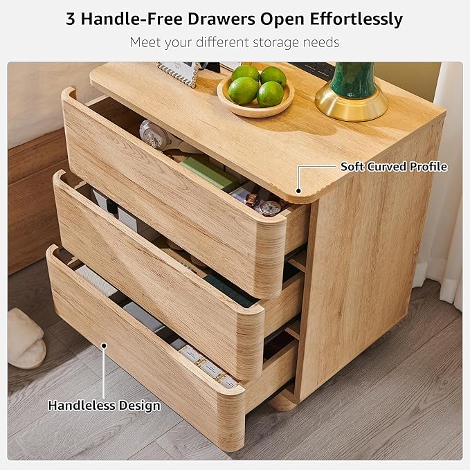 JXQTLINGMU 22" Modern Nightstand with Charging Station, Large Push-to-Open End Table, Wood Bedside Table w/Curved Profile Design, Handleless 3 Drawer Night Stand for Bedroom, Living Room, Natural Oak-Ruum Studio Home