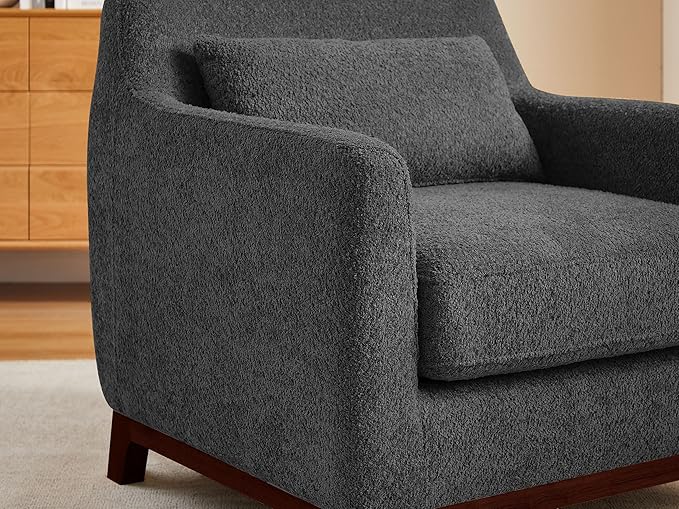 Extra Deep Accent Chair, Comfy Fabric Armchair with Wood Base, Upholstered Single Sofa Chair for Living Room & Bedroom, Boucle Dark Gray-Ruum Studio Home