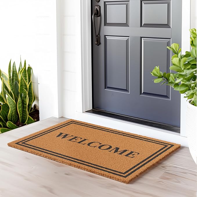Barnyard Designs Natural Coco Coir Heavy Duty Backing Doormat - Large Cute Non-Slip Front Door Welcome Mat for Outside Entrance or Porch Entry, Brown (24x36, Welcome)-Ruum Studio Home
