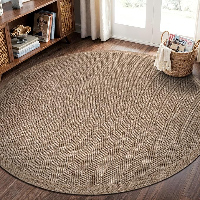 CAMILSON Easy Jute Round Rug 4ft Indoor Outdoor Natural Color Fiber Area Rugs for Living Room Patio and Kitchen Rug Herringbone Woven Design Easy-Cleaning Washable Outside Carpet Alfombras (4 Round)-Ruum Studio Home