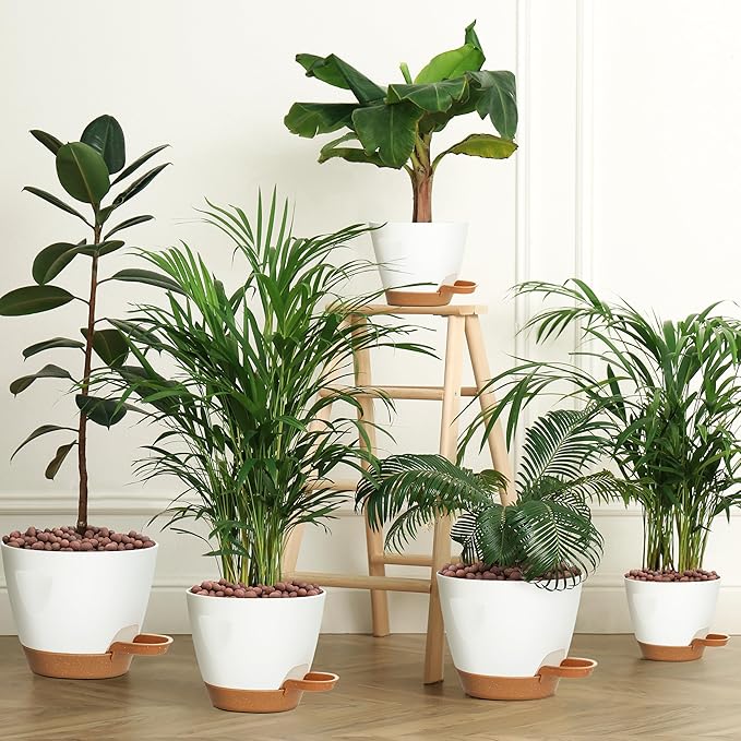 Uneed Indoor Self Watering Planters with Drainage Holes and Saucers, 7/6.5/6/5.5/5 Inch-5 Pots,for Indoor Plants, Herbs, Succulents (White)-Ruum Studio Home