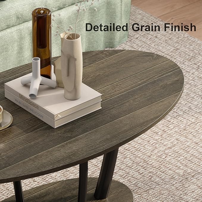 Manora Small Oval Coffee Table with Storage, Rustic Farmhouse Industrial Center Table for Living Room, VintageTea Table for Small Spaces, Gray-Ruum Studio Home