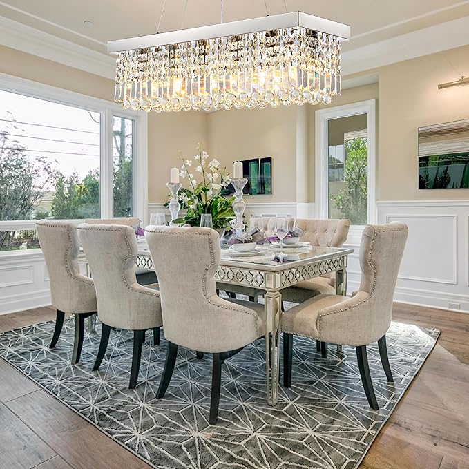 Modern Rectangular Crystal Chandeliers,8 Lights Rectangular Pendant Light Fixture,Adjustable Height K9 Crystal Chandelier for Dining Room L40''xW10''xH10''-Ruum Studio Home