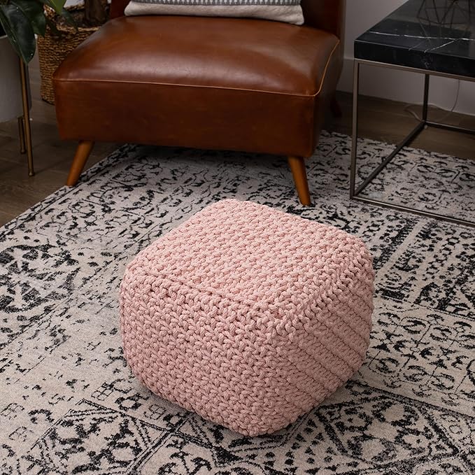 BIRDROCK HOME Square Pouf Ottoman | Cotton Braided Foot Stool with Bean Bag Filling | Boho Foot Rest for Living Room, Bedroom | Compact & Comfortable Seating, Lightweight & Sturdy | Dusty Rose-Ruum Studio Home