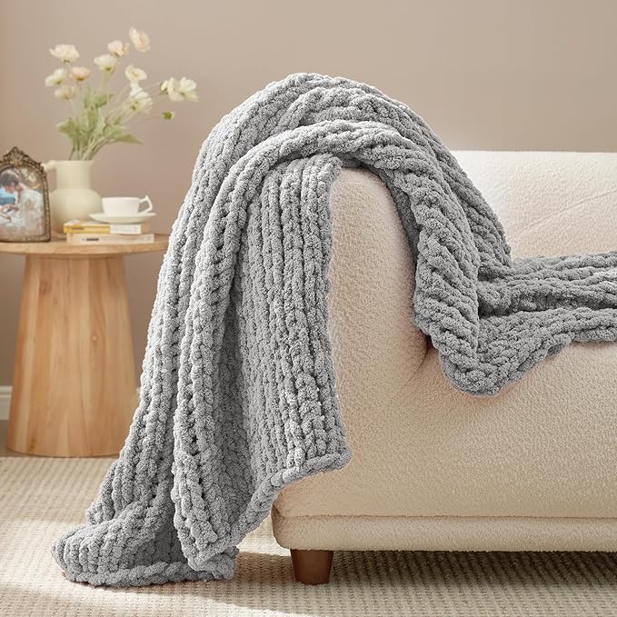 Amélie Home Chunky Knit Throw Blanket for Couch, Soft Chenille Crochet Blanket for Children, 40"x50", Light Grey-Ruum Studio Home