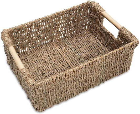 Natural Seagrass Storage Basket with Handle, Rectangular Woven Organizer Bin for Living Room or Shelf, Decorative Storage Basket, Medium Size 13.4 x 9.3 x 4.9 Inches-Ruum Studio Home