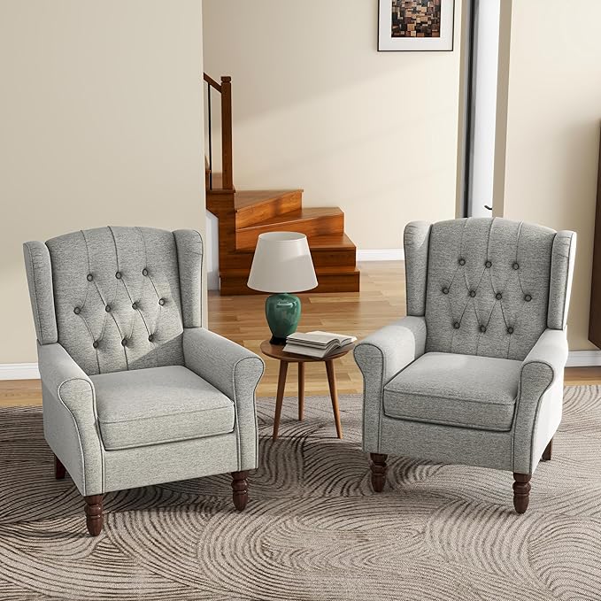 UIXE High Back Accent Chairs Set of 2, Upholstered Armchair in Fabric, Retro Wingback Arm Chair for Living Room, Comfy Single Sofa Bedroom Reading Seat with Solid Wood Legs - Light Gray-Ruum Studio Home