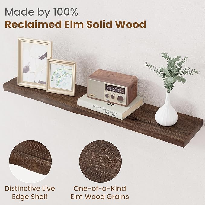 Floating Shelves for Wall Decor, Rustic Solid Elm Wood Live Edge Floating Shelves Wall Mounted, Wall Shelves with Invisible Bracket for Living Room Bathroom Bedroom Kitchen, 36 Inch Set of 2, Walnut-Ruum Studio Home