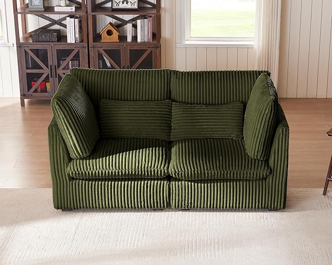 Oversized Modular Sofa, Extra Deep Cloud Corduroy Sectional Couch with Ottoman Chaise, Fluffy Corduroy 2 Seater Sofa Bed for Living Room, Villa (Loveseat Sofa, Corduroy Green)-Ruum Studio Home
