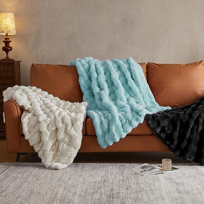 JELLYMONI Faux Fur Throw Blanket, Blue Fuzzy Cozy Plush Bubble Bed Throw, Thick and Warm (50" X 60")-Ruum Studio Home