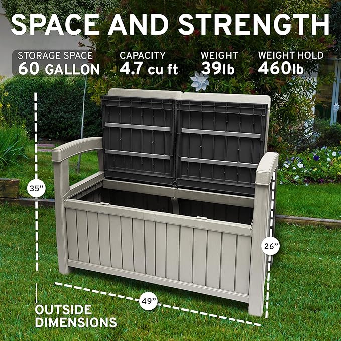 EconoHome 2 Seat Outdoor Storage Bench with Rain Cover - 60 Gallon Capacity - Weatherproof Resin Bench for Patio, Porch, Garden, Yard, Pool Area - Furniture for Pool Accessories, Gardening Tools-Ruum Studio Home