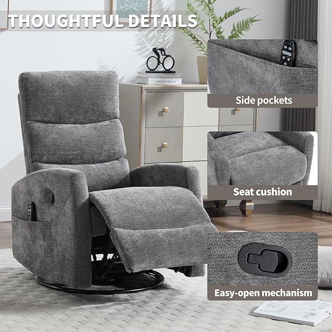 Manual Swivel Rocker Recliner Chair for Adults, Overstuffed Reclining Glider Chair for Nursing with Vibration Massage & Heat, Living Room Rocking Recliner 3-Stage backrest, Chenille Fabric Dark Gray-Ruum Studio Home
