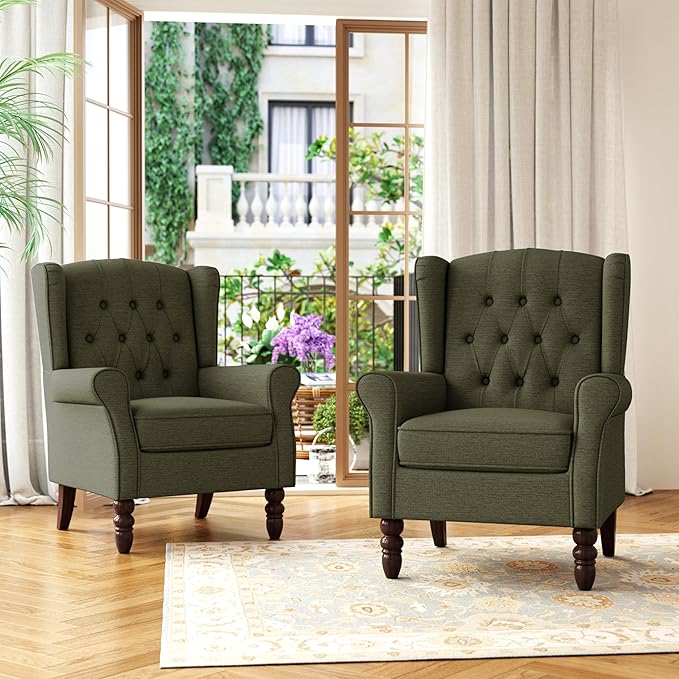 Accent Chair, Upholstered Armchair with Button Tufted High Back & Solid Wood Legs, Comfy Wingback Reading Single Sofa Chair for Small Spaces, Living Room, Bedroom (Green, Set of 2)-Ruum Studio Home