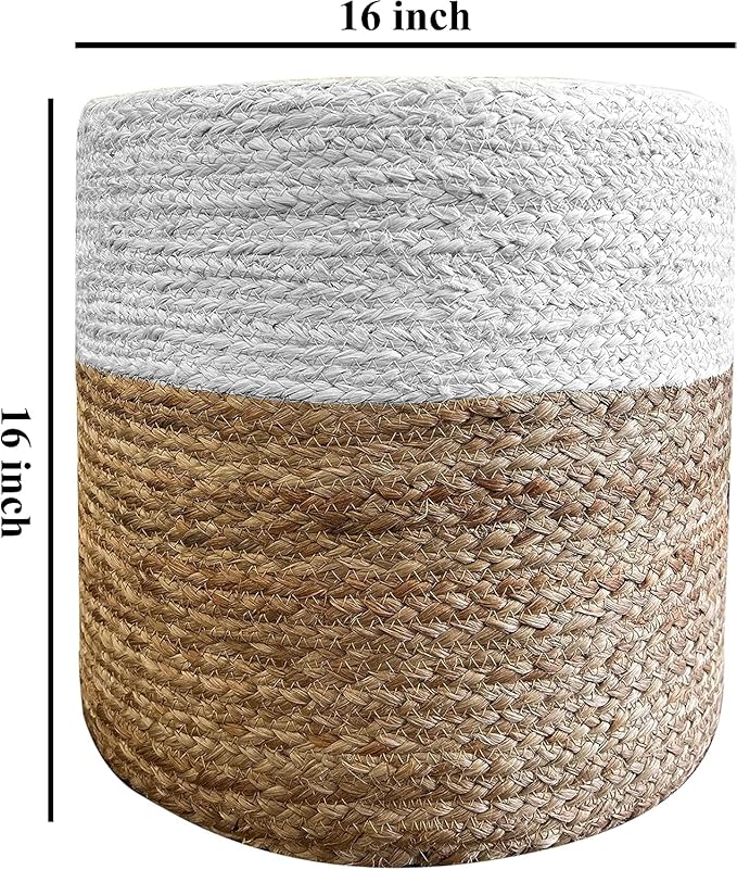 Jute Pouf Ottoman | Footrest Pouf | Hand Braided - Round Boho Pouffe - for Living Room, Bedroom, Nursery (16"x16"x16") Ivory-Ruum Studio Home