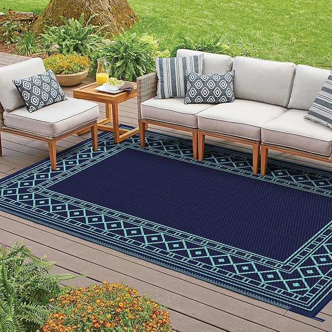 GENIMO Outdoor Rug Waterproof 6'x9' for Patio, Foldable Reversible Plastic Straw Carpet, Outside Area Mat for Patios, Rv, Deck, Picnic, Porch, Camper, Balcony, Beach, Navy Blue & Jade Green-Ruum Studio Home