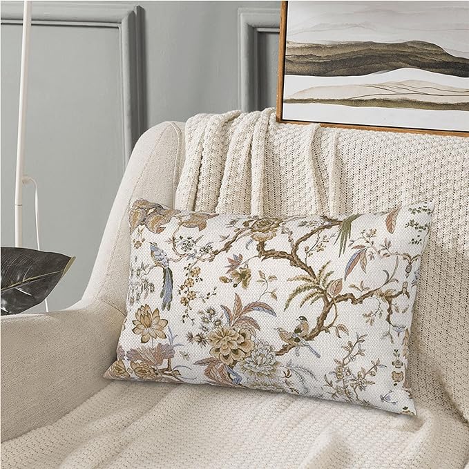 Spring Floral Birds Pillow Covers 12 x 20 Inch Set of 2 for Chinoiserie Flowers Decor Throw Pillows Brown and White Plant Outdoor Decorative Cushion Cases for Couch Bed Decorations-Ruum Studio Home