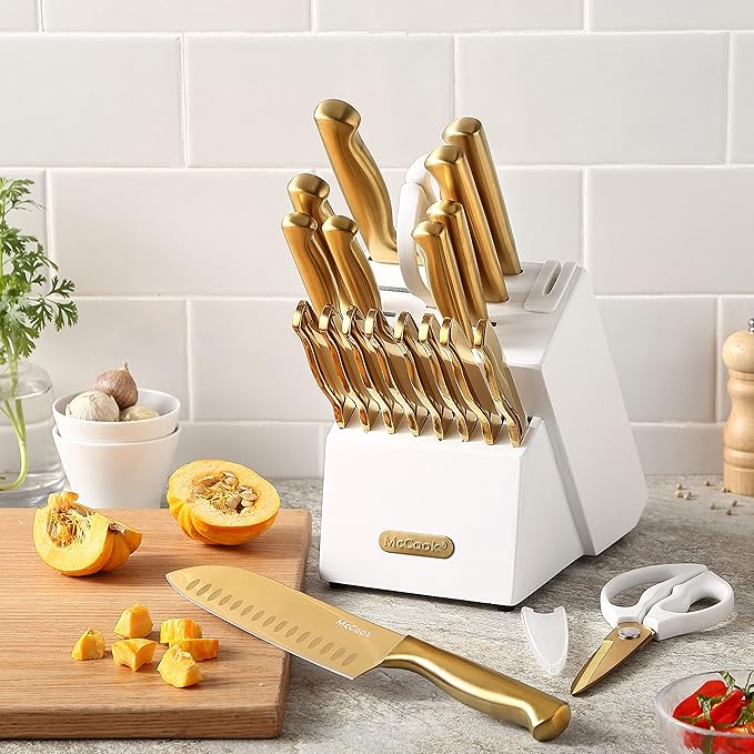 McCook® Kitchen Knife Sets, Golden Titanium Stainless Steel Knives Block Set with Built-in Sharpener-Ruum Studio Home