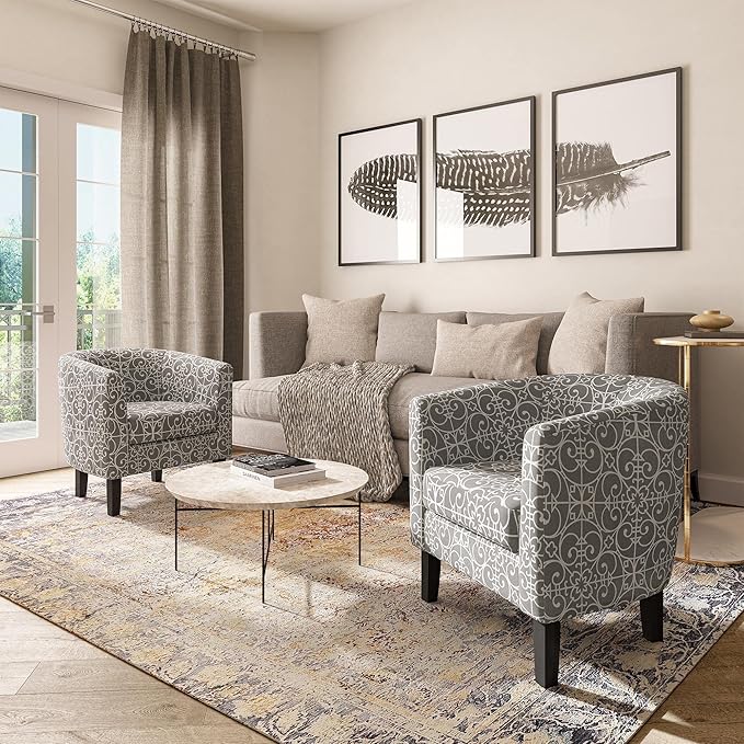 BELLEZE Accent Barrel Chair, Linen Round Chair Club Tub Sofa Corner Chair with Flared Legs and Cozy Soft Padding for Living Room Bedroom Waiting Room - White & Gray-Ruum Studio Home
