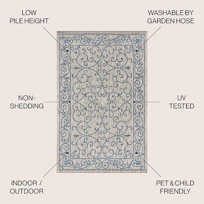 JONATHAN Y Vintage Filigree Indoor Outdoor Round Area Rug 9 Ft Gray/Navy, Charleston Textured Weave for Backyard, Patio, Porch, Easy-Cleaning, High Traffic, Pet-Friendly, Non-Shedding (SMB106C-9R)-Ruum Studio Home
