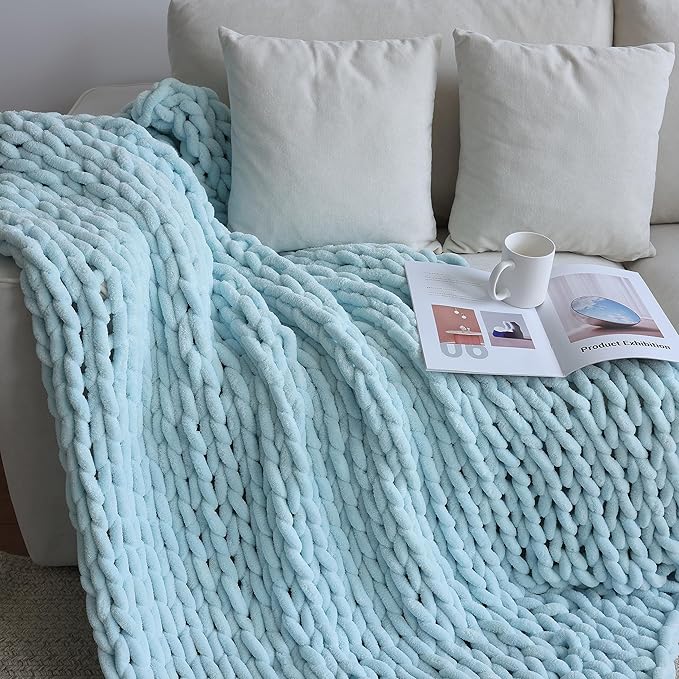 Maetoow Chenille Chunky Knit Blanket Throw （60×80 Inch）, Handmade Warm & Cozy Blanket Couch, Bed, Home Decor, Soft Breathable Fleece Banket, Christmas Thick and Giant Yarn Throws, Baby Blue-Ruum Studio Home