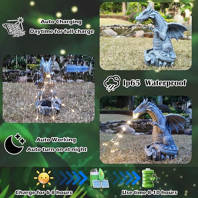 Dragon Solar Garden Statues Outdoor Decoration with LED Light Strings,Dragon Figurine Solar Lights Lawn Décor,Outside Statue Ornament for Patio, Balcony, Yard,Unique Gifts for Mom Grandma-Ruum Studio Home
