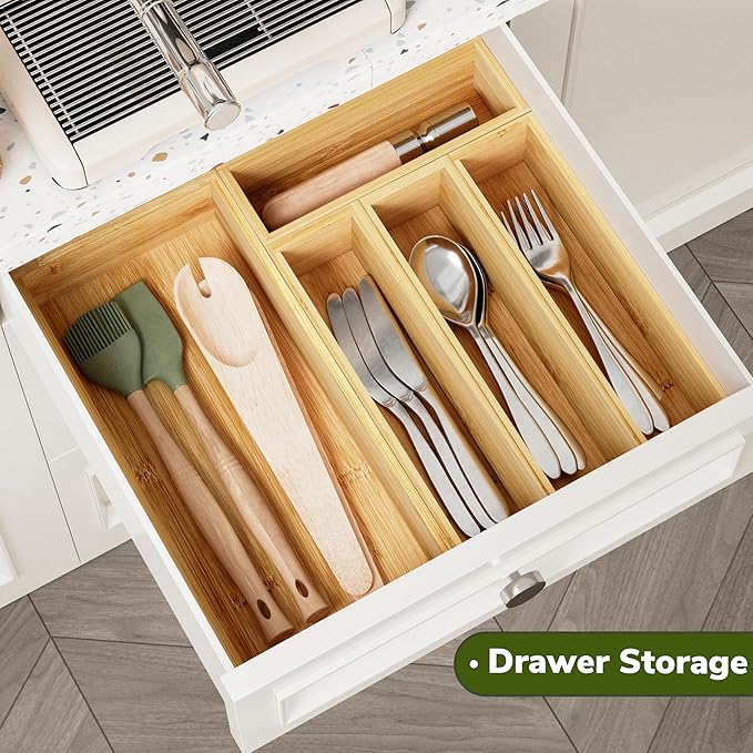BAMEOS Utensil Drawer Organizer, 5 Slots Silverware Organizers for Kitchen Drawers, Bamboo Flatware Organizer for Knives Cutlery Spoons Forks (Natural)-Ruum Studio Home