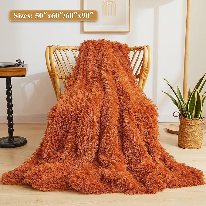 XeGe Luxury Faux Fur Throw, Burnt Orange Soft 50x60 Fluffy Blanket, Shaggy Plush Decorative Couch Throw, Cute Furry Fuzzy Blanket for Sofa Bed, Burnt Orange-Ruum Studio Home