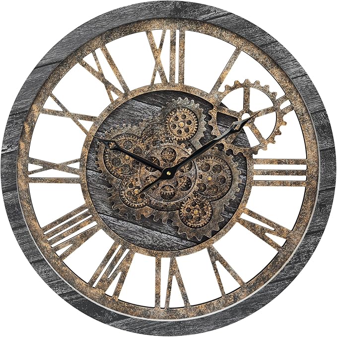 HOIBAI Wall Clock, 24 Inch Moving Gears Clock Large Wall Clock for Living Room Decor Rustic Vintage Industrial Steampunk Farmhouse Big Clock for Home Kitchen Bedroom Office-Ruum Studio Home