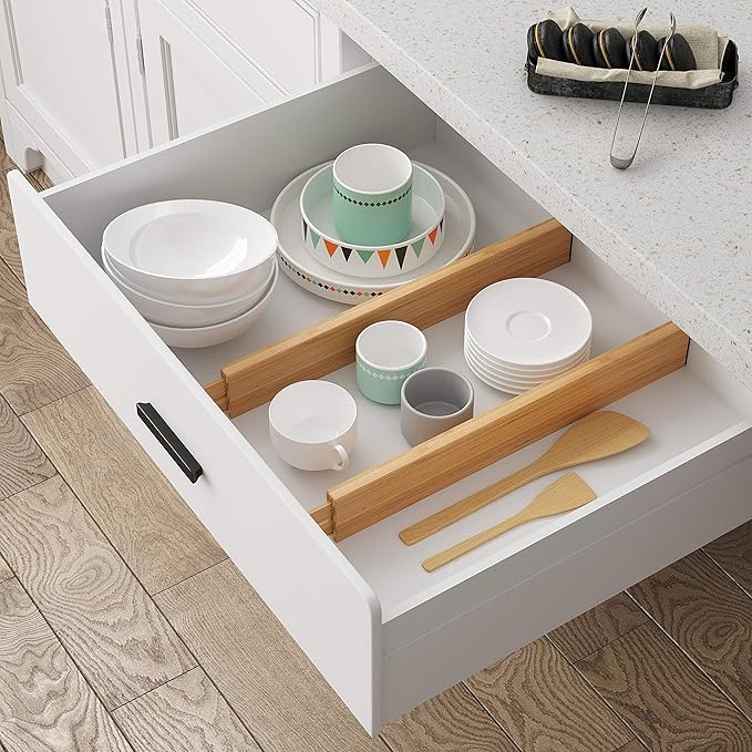 BAMEOS Drawer Dividers kitchen Organization Bamboo Utensil Organizers for Kitchen Bedroom Bathroom Dresser Office 4-pack-Ruum Studio Home