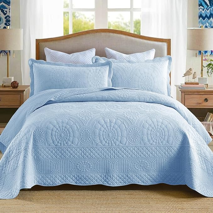 MarCielo 3-Piece 100% Cotton Oversized Bedspread Lightweight Quilt Coverlet Embroidery Farmhouse Bedding Set (Tf Light Blue, Oversized Queen (100"x106"))-Ruum Studio Home