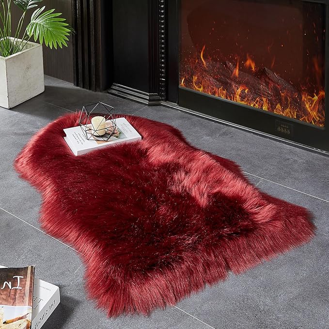 AMTOVO Faux Fur Rug, Burgundy Small Area Rug, Fluffy Sheepskin Rug, Fuzzy Ultra Soft 2 x 3 ft Shag Rugs for Bedroom Sofa Throw Cushion Room Decor, Sheepskin-Ruum Studio Home