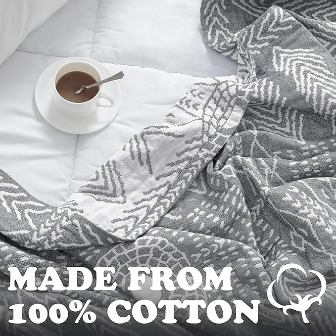 jinchan Boho 100% Cotton Muslin 50x60 Throw Blanket Lightweight 3 Layer Grey Blanket Washable Reversible Breathable Decorative Geometric Striped Patterned Gray Soft Cozy for Sofa Bed All Season Gift-Ruum Studio Home
