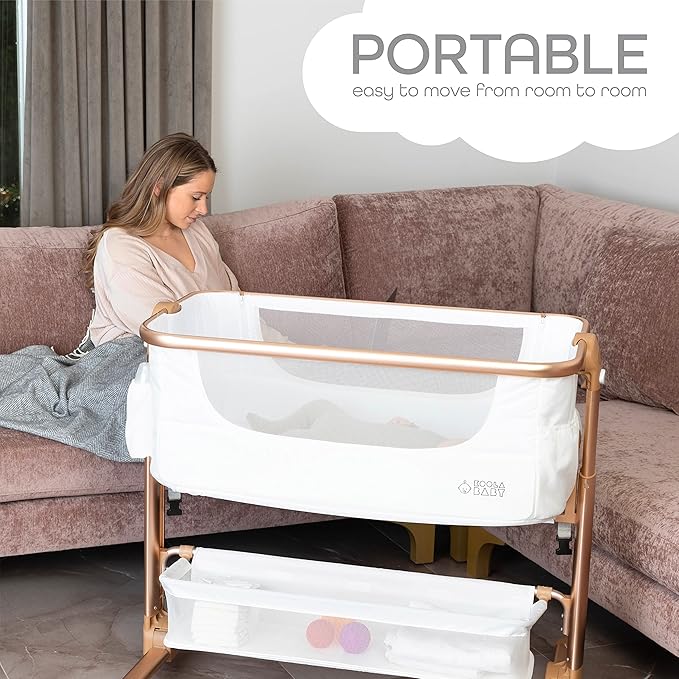 KoolerThings Baby Bassinet, Bedside Sleeper for Baby, Easy Folding Portable Crib with Storage Basket for Newborn, Bedside Bassinet, Comfy Mattress/Travel Bag Included (Bassinet) (White & Gold)-Ruum Studio Home