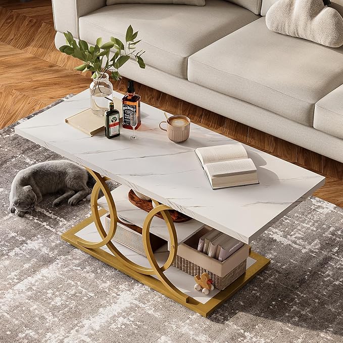GiftGo Rustic Coffee Table with Storage Modern 3 Tier Center Living Room Table Faux Marble Wooden Rectangle Cocktail Tea Table for Office Bedroom Elegant Full Moon Design (White Gold, L-47)-Ruum Studio Home