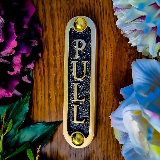 PULL Brass Door Sign. Traditional Style Home Décor Wall Plaque Handmade By The Metal Foundry UK.-Ruum Studio Home