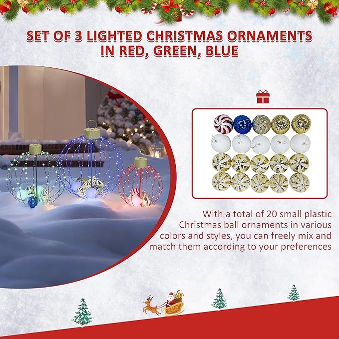 Outdoor Christmas Decorations, Set of 3 Lighted Christmas Ball Ornaments with 570 LED Lights, 6 Ground Stakes, Included 20 Small Plastic Xmas Ball Ornaments for Holiday Decor Yard-Ruum Studio Home
