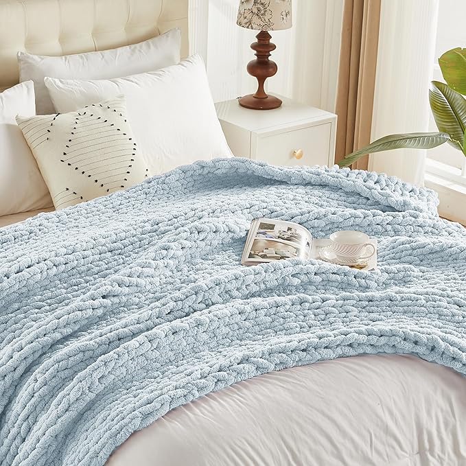 Carriediosa Chunky Knit Throw Blanket 60" X 80" Twin, 100% Hand Made Large Chenille Loop Yarn Soft Fluffy Throws for Couch Sofa Bed, Big Crochet Cozy Heavy Thick Cable Woven Blanket, Light Blue-Ruum Studio Home