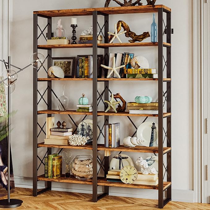 IRONCK Bookshelf Double Wide 6-Tier 76" H, Open Large Bookcase, Industrial Style Shelves, Wood and Metal Bookshelves for Home Office, Easy Assembly-Ruum Studio Home