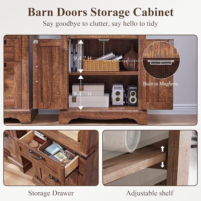 RedLemon Bookshelf with Storage Cabinet, 72" Tall Farmhouse Bookcase with Adjustable Shelves and Barn Door, 4 Tier Office Wood Bookshelf with Drawer for Library Living Room (Reclaimed Barnwood Color)-Ruum Studio Home