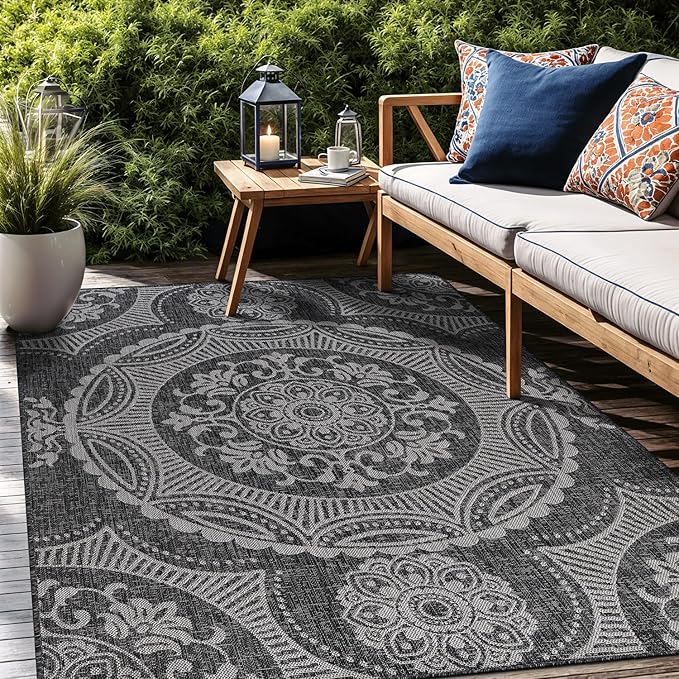 Medallion Outdoor Rug 9x12 Washable Outside Carpet for Indoor Patio Porch Waterproof Easy Cleaning Non Shedding Area Rugs Dark Gray 9 x 12-Ruum Studio Home