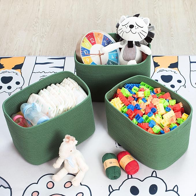 MINTWOOD Design 3-Pack Decorative Woven Storage Baskets for Shelves, Cube Bin Box for Organizing Books, Shoes, Dog Toys, Pantry Closet and Living Room Organizer, Forest Green-Ruum Studio Home