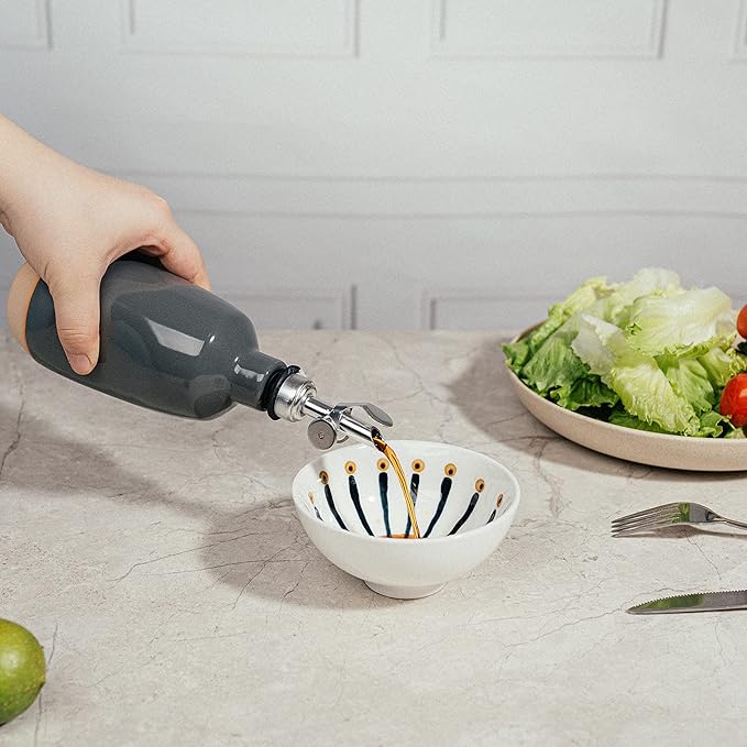 Olive Oil Dispenser Bottle Stoneware Ceramic, Cruet Protects to Reduce Oxidation, Suitable For Storage Of Oil, Vinegar, Coffee Syrups & Other Liquids - Stainless Steel Spout 14Oz-Ruum Studio Home