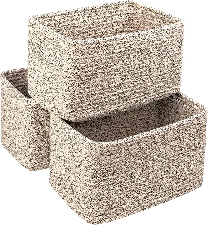 Small Cotton Rope Storage Basket Set of 3-11"x7"x7" Perfect Woven Baskets for Storage, Ideal Storage Baskets for Organizing Toys, Towels, and More - Baskets for Shelves and Home Decor（Beige）-Ruum Studio Home