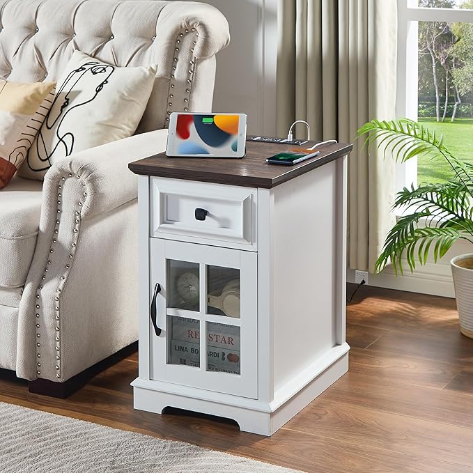 Farmhouse XXL End Table with Charging Station, Side Table with USB Ports and Outlets, Nightstand with Drawer and Glass Door Storage, White Bedside Tables for Living Room, Bedroom, Office-Ruum Studio Home